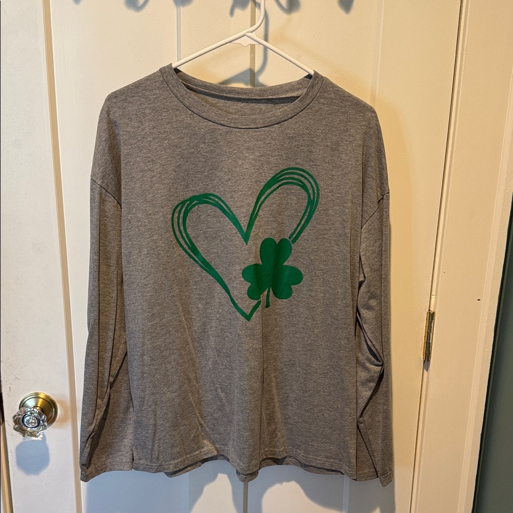 Gray Long Sleeve Shirt with Green Heart and Shamrock